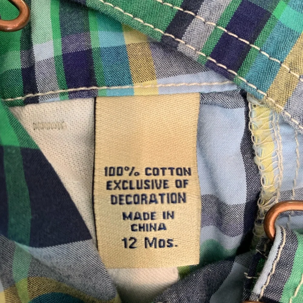 OshKosh B'gosh Green and Blue Plaid Overalls, size 12 mos